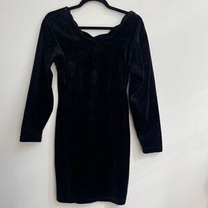 Diana Marco Womens Midi Dress Velvet V Scallop Neckline Long Sleeve Black Small